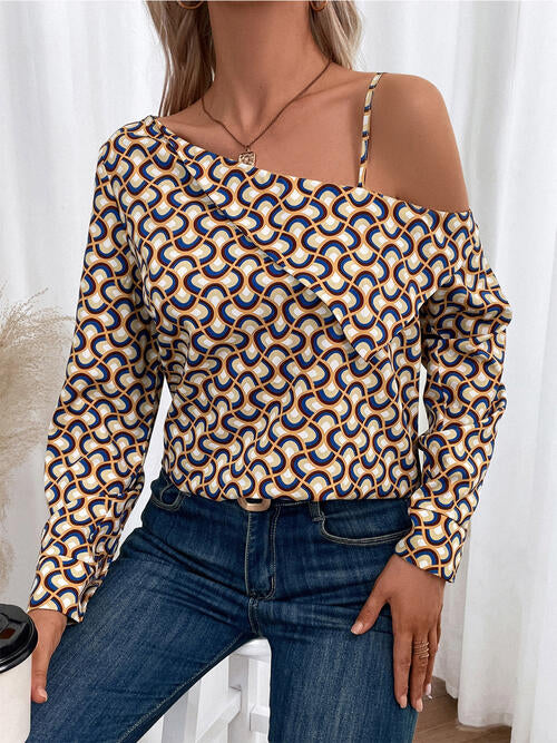 Printed Asymmetrical Neck Long Sleeve Top | 1mrk.com