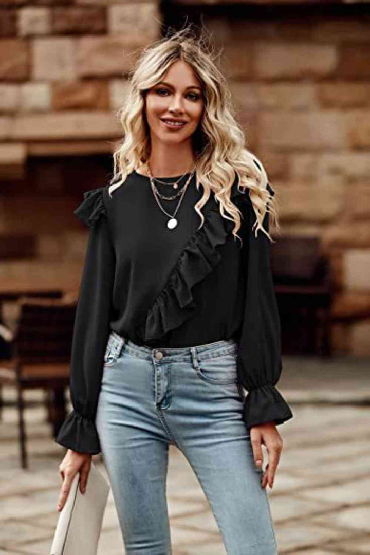 Ruffled Round Neck Long Sleeve Top | 1mrk.com