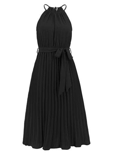 Pleated Spaghetti Strap Tie Waist Midi Dress |1mrk.com