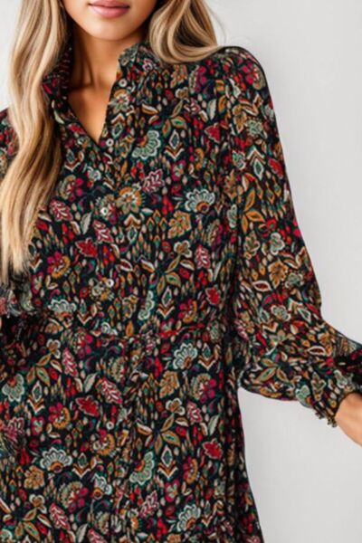 Printed Notched Long Sleeve Dress |1mrk.com