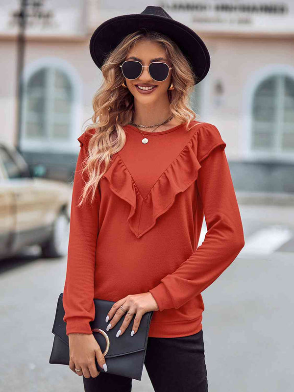 Ruffled Round Neck Long Sleeve Top | 1mrk.com