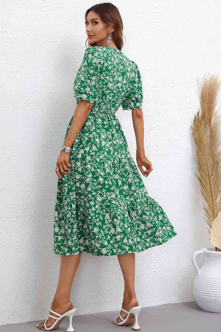 Floral Tie Waist Puff Sleeve Midi Dress |1mrk.com