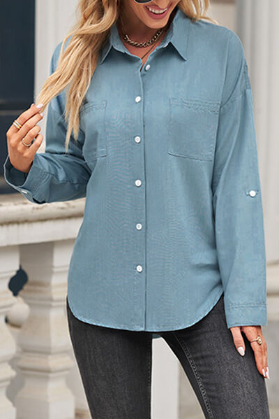 Pocketed Button Up Collared Neck Denim Top | 1mrk.com