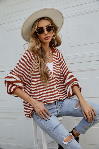 Striped Button Up Long Sleeve Cardigan |1mrk.com