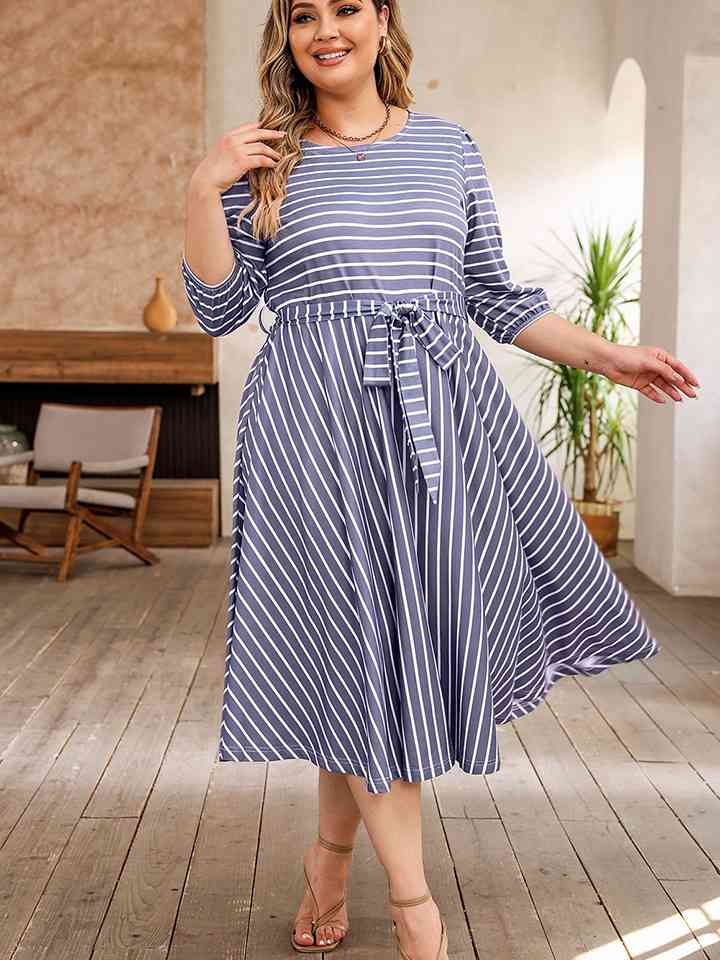 Plus Size Round Neck Striped Tie Waist Dress |1mrk.com