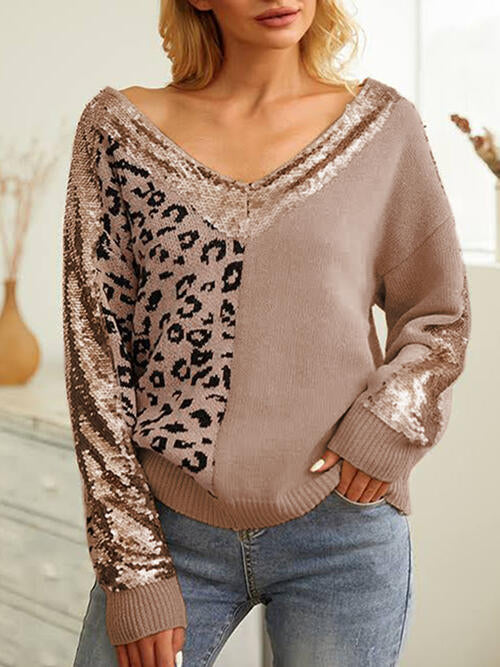 Leopard Sequin V-Neck Long Sleeve Sweater |1mrk.com