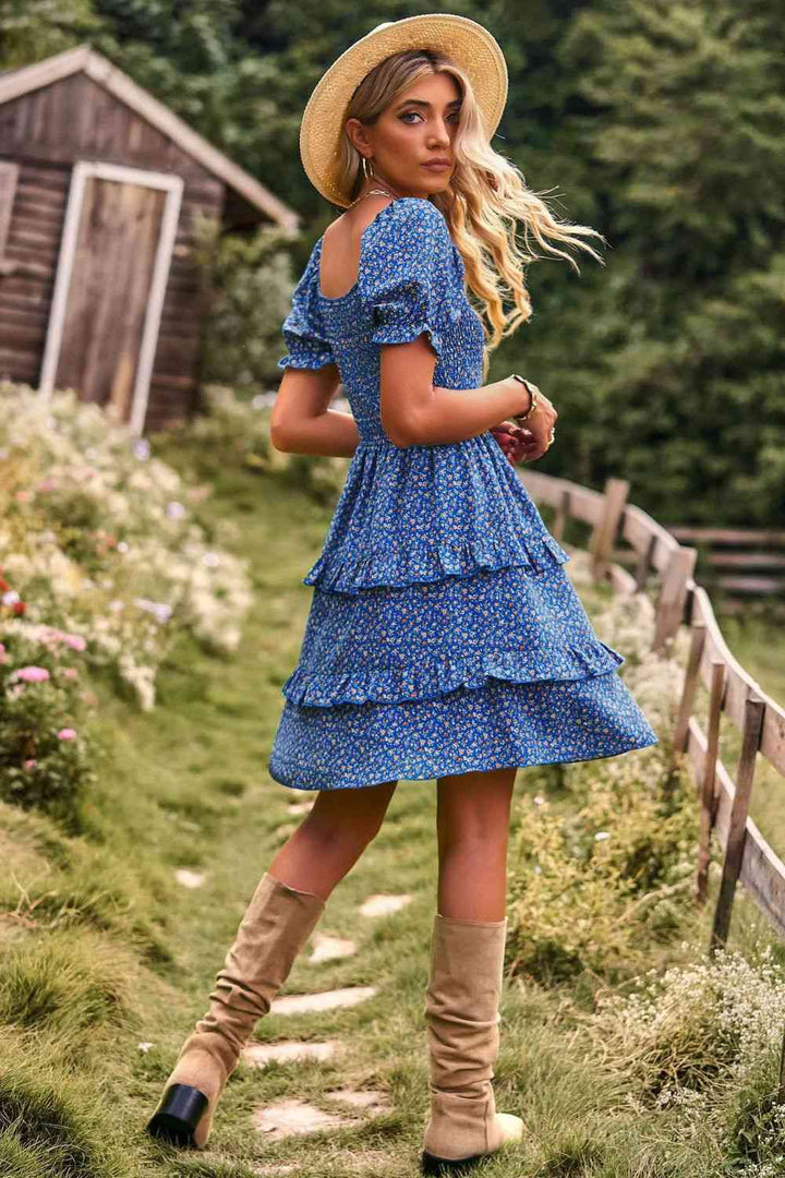 Smocked Sweetheart Neck Flounce Sleeve Mini Dress |1mrk.com