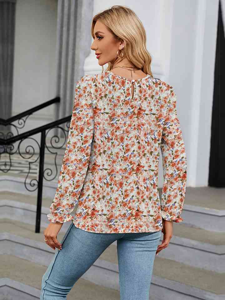 Printed Round Neck Flounce Sleeve Blouse | 1mrk.com