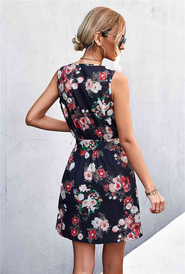 Printed Zip Detail Belted Sleeveless Dress |1mrk.com