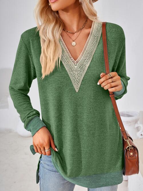 Crochet Contrast V-Neck Long Sleeve Slit T-Shirt | 1mrk.com