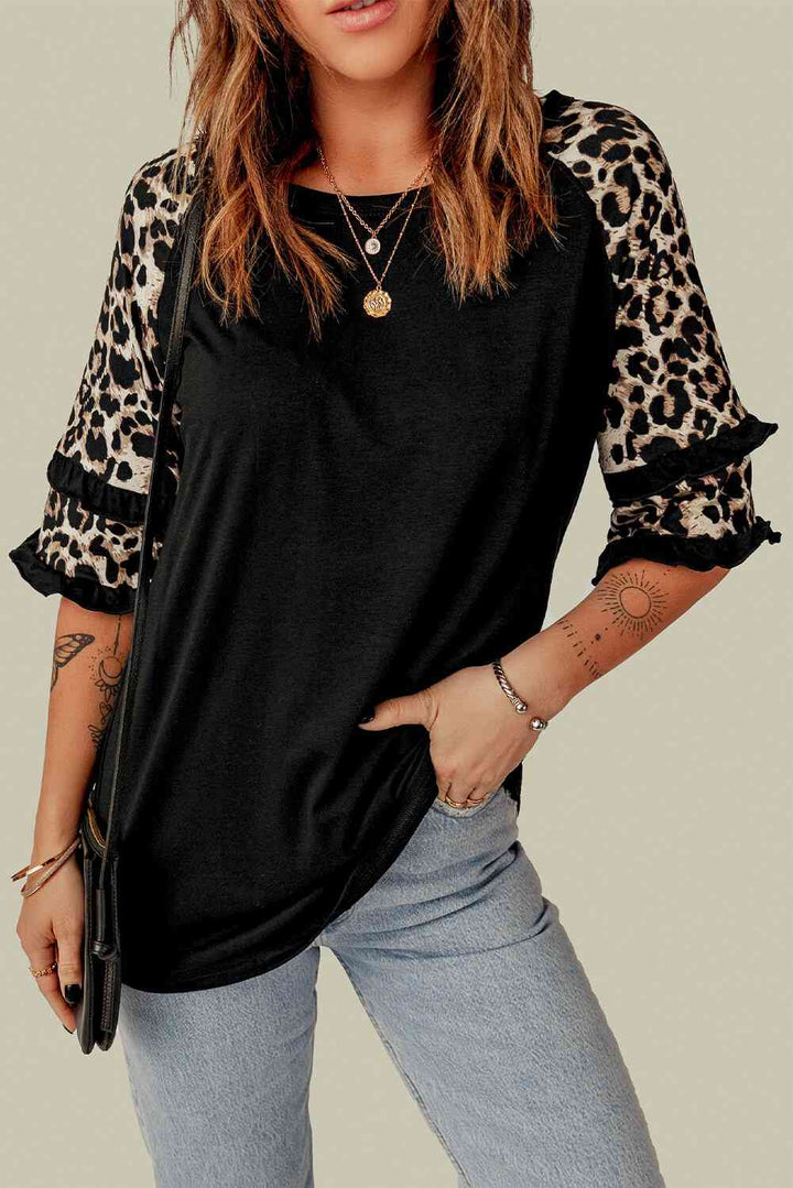 Leopard Contrast Ruffled Top | 1mrk.com