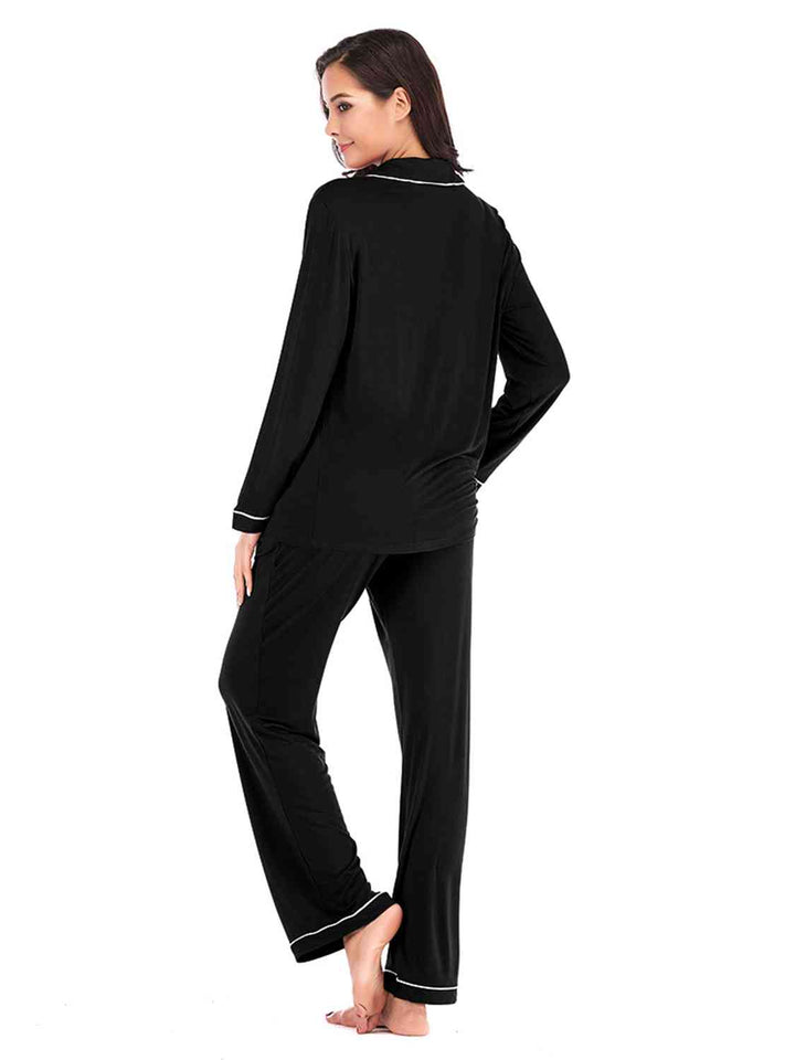 Collared Neck Long Sleeve Loungewear Set with Pockets | 1mrk.com