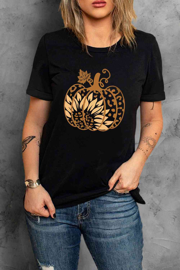 Round Neck Short Sleeve Pumpkin Graphic T-Shirt | 1mrk.com