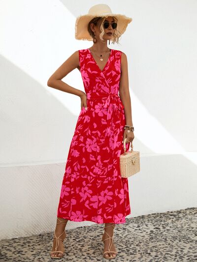 Tied Printed Surplice Tiered Dress |1mrk.com