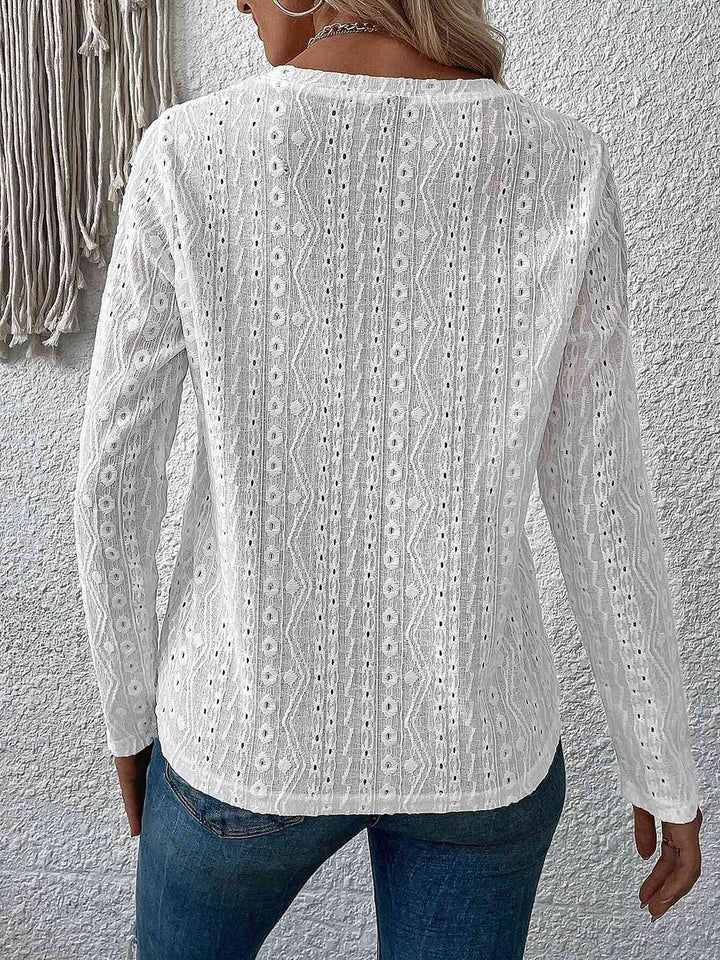 Eyelet Round Neck Long Sleeve Top | 1mrk.com