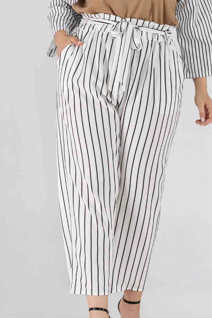 Full Size Striped Paperbag Waist Cropped Pants | 1mrk.com