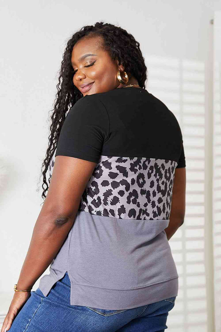 Double Take Leopard Print Color Block Short Sleeve T-Shirt | 1mrk.com