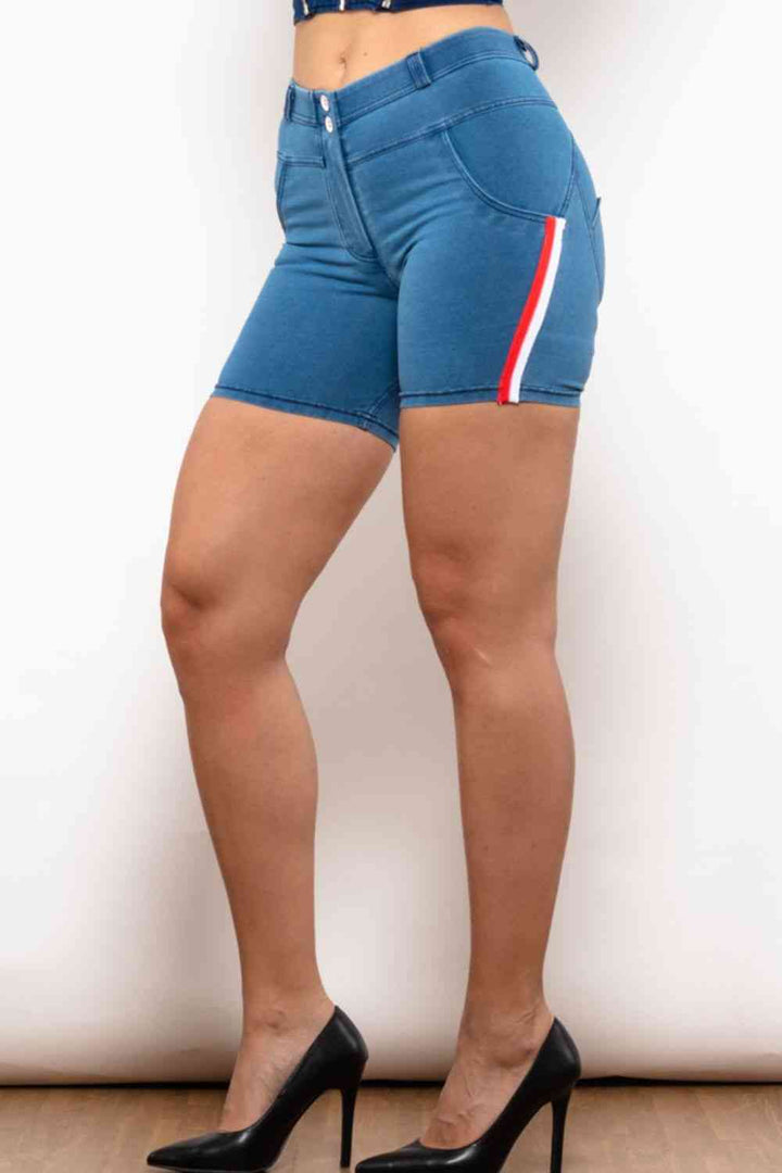 Full Size Side Stripe Buttoned Denim Shorts | 1mrk.com