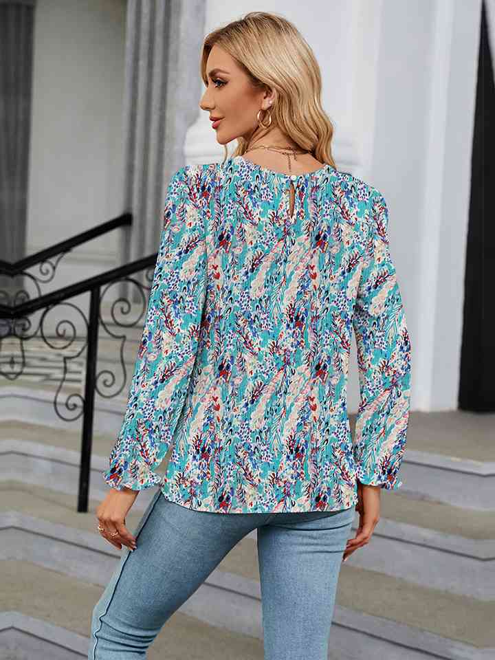 Printed Round Neck Flounce Sleeve Blouse | 1mrk.com