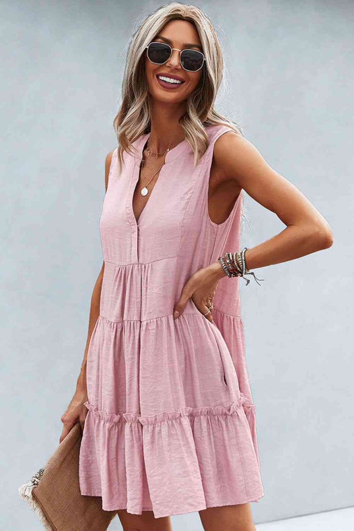 Frill Trim Notched Sleeveless Tiered Dress |1mrk.com