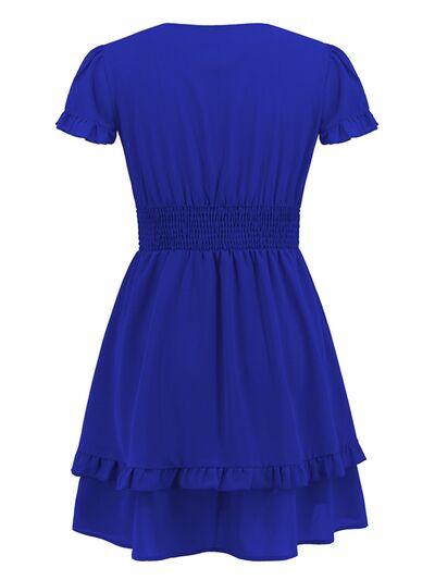 Tied V-Neck Tiered Mini Dress |1mrk.com