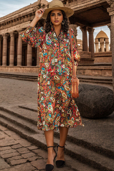 Printed Surplice Lantern Sleeve Midi Dress |1mrk.com