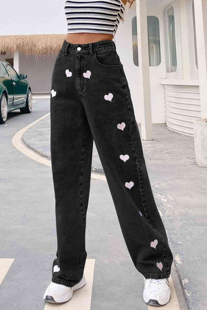 Heart Print Buttoned Jeans | 1mrk.com