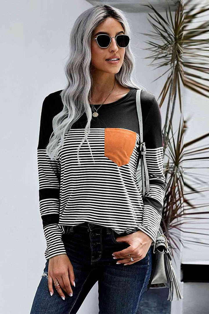 Striped Round Neck Long Sleeve T-Shirt | 1mrk.com