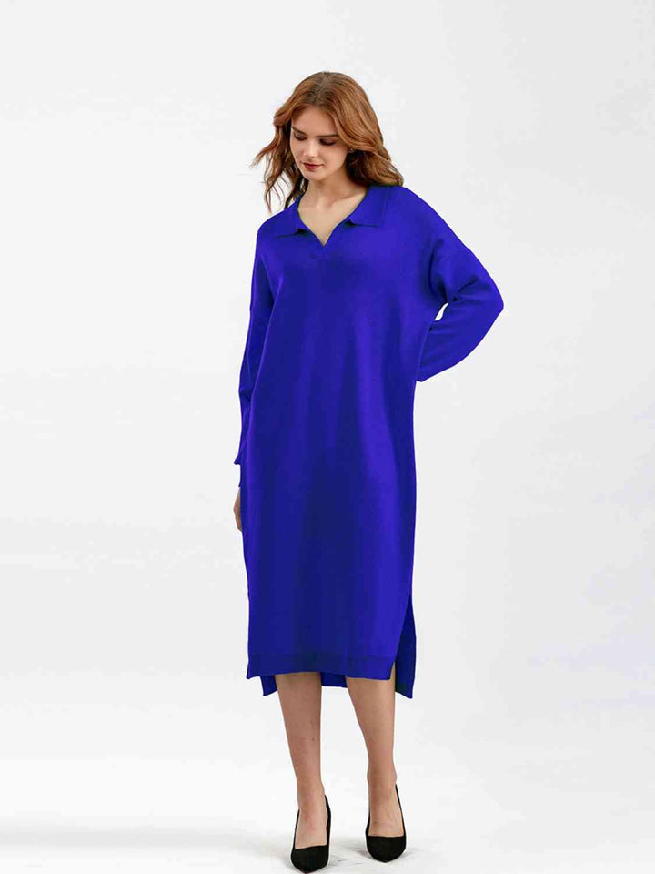 Johnny Collar Long Sleeve Slit Sweater Dress |1mrk.com