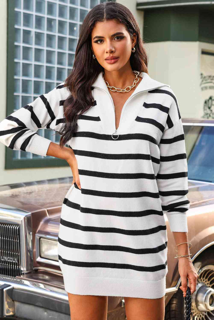 Striped Quarter-Zip Collared Sweater Dress |1mrk.com