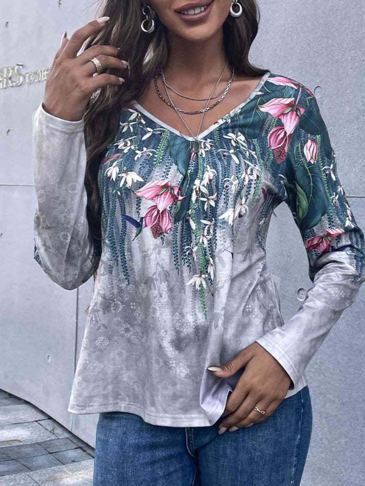 Floral V-Neck Long Sleeve Tee | 1mrk.com