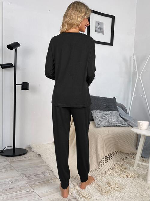 Round Neck Top and Drawstring Pants Lounge Set | 1mrk.com