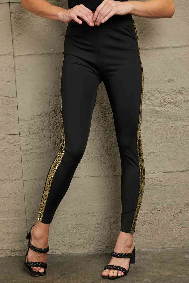 Double Take Sequin Stripe High Waist Ankle Length Pants | 1mrk.com