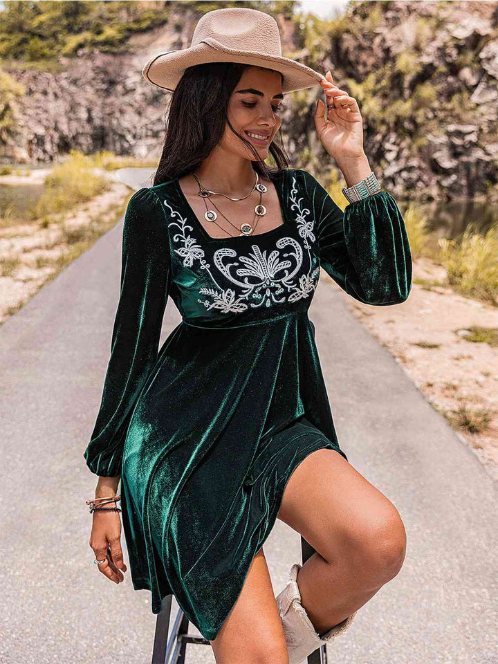 Embroidered Square Neck Long Sleeve Dress | 1mrk.com