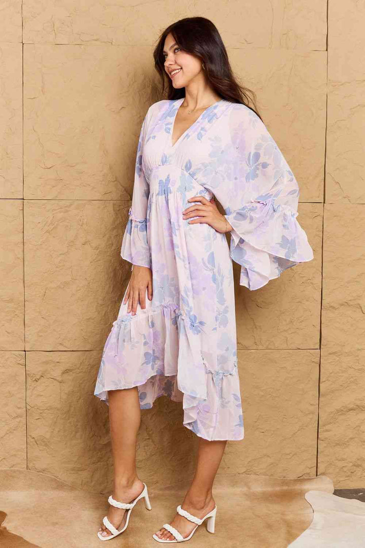 OneTheLand Take Me With You Floral Bell Sleeve Midi Dress in Blue | 1mrk.com