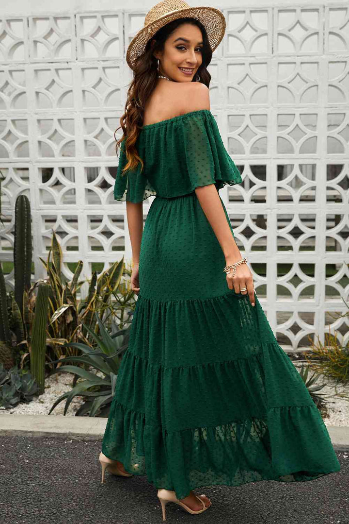 Swiss Dot Off-Shoulder Tiered Maxi Dress |1mrk.com