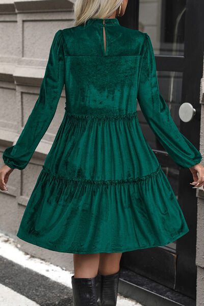 Smocked Balloon Sleeve Frill Trim Tiered Dress | 1mrk.com