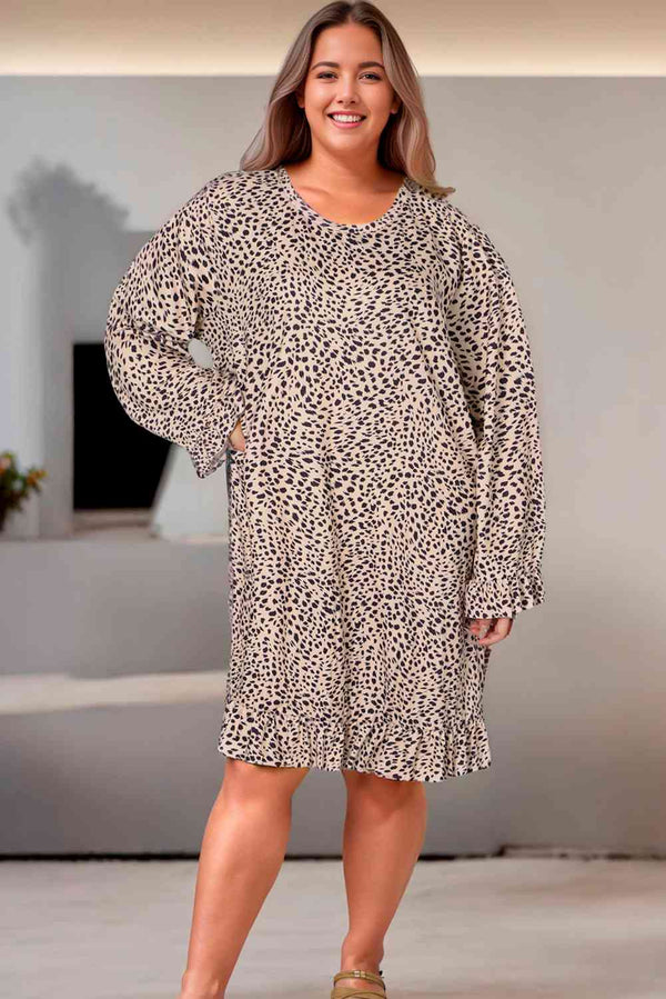 Plus Size Leopard Print Long Sleeve Mini Dress | 1mrk.com