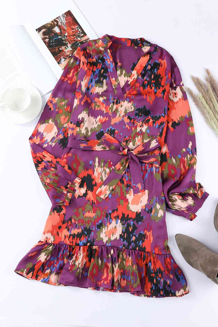 Abstract Print Belted Ruffle Hem Dress |1mrk.com