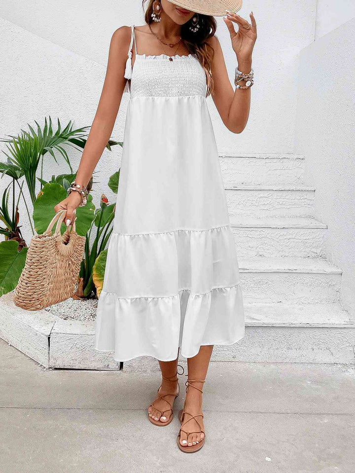 Tie-Shoulder Smocked Tiered Midi Dress |1mrk.com