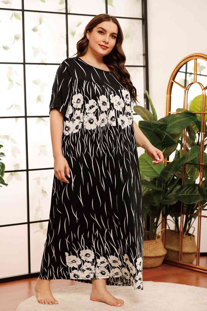 Plus Size Floral Round Neck Half Sleeve Maxi Dress |1mrk.com