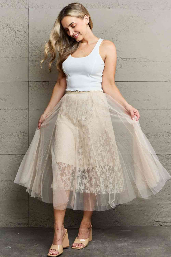 Ninexis Lace Flowy Midi Skirt |1mrk.com