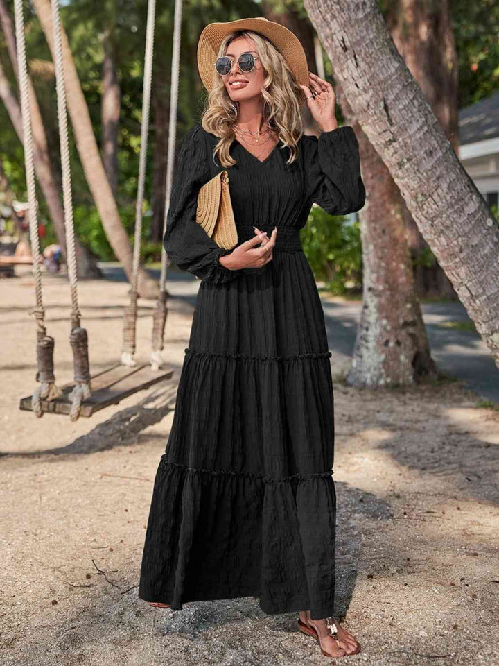 Smocked Waist V-Neck Maxi Dress |1mrk.com