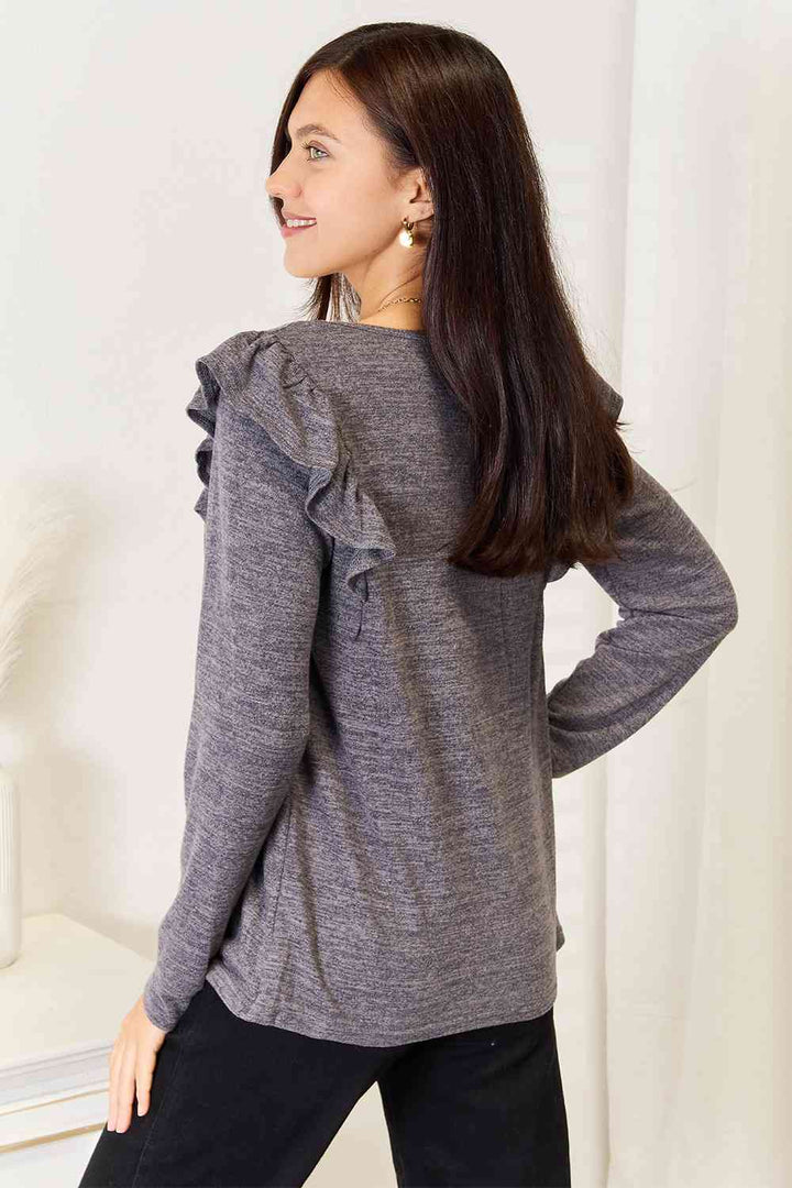 Double Take Square Neck Ruffle Shoulder Long Sleeve T-Shirt | 1mrk.com