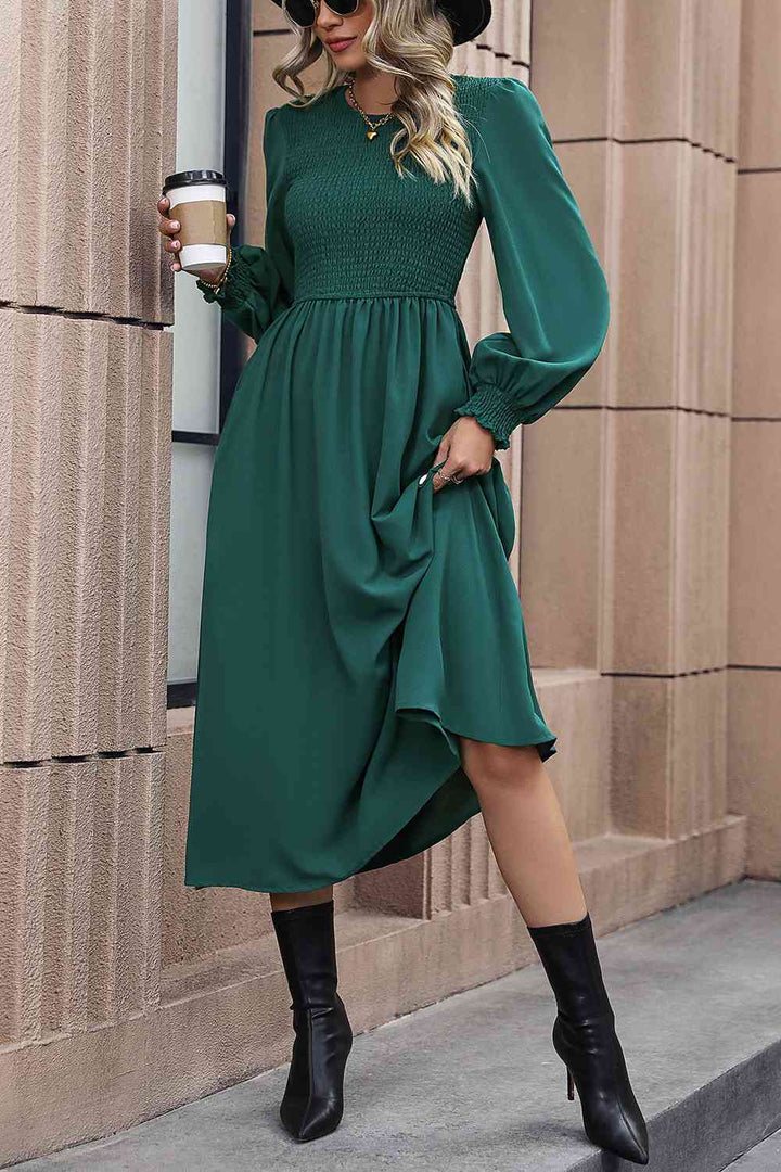 Smocked Long Sleeve Midi Dress | 1mrk.com