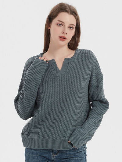 Notched Dropped Shoulder Sweater | Trendsi