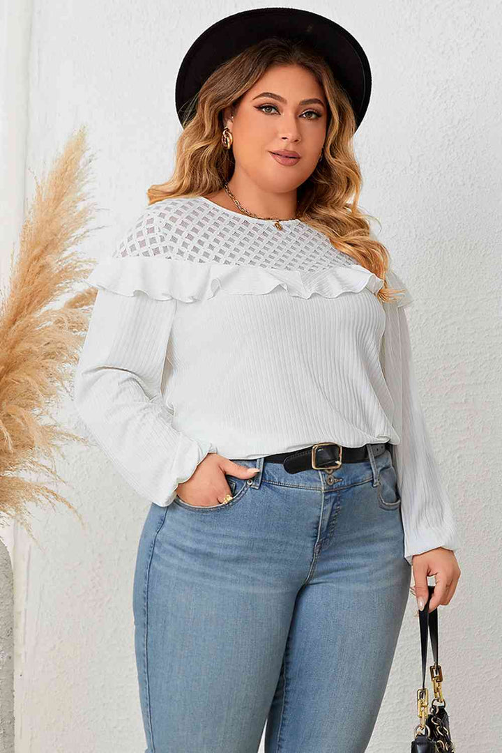 Plus Size Ruffled Round Neck Long Sleeve Blouse | 1mrk.com