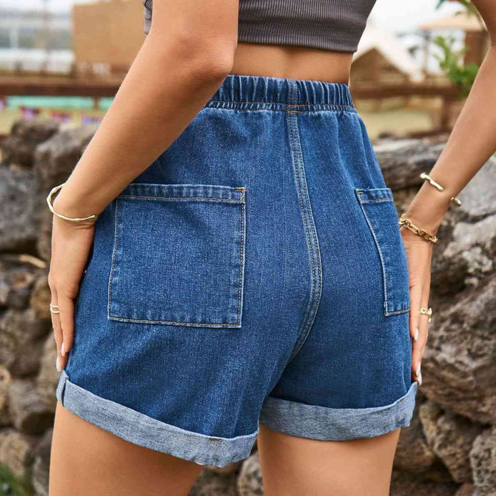 Drawstring High Waist Denim Shorts with Pockets |1mrk.com