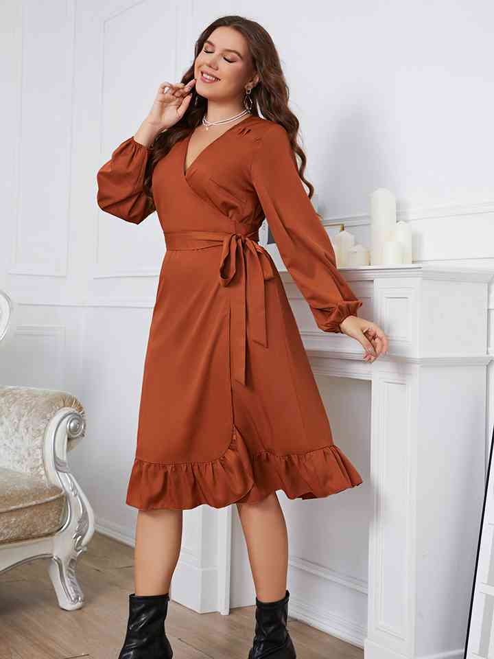 Plus Size Surplice Neck Tie Waist Dress |1mrk.com