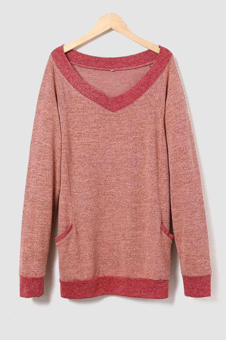 V-Neck Long Sleeve Sweatshirt with Pockets |1mrk.com